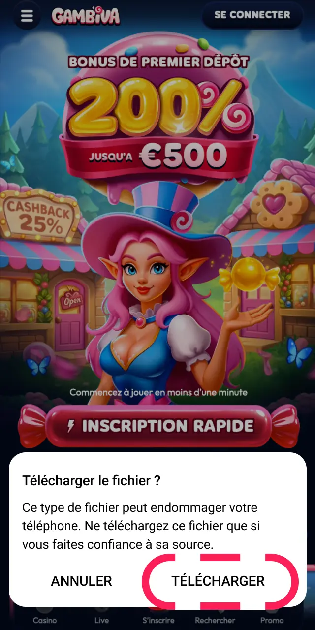 Confirmez le téléchargement de l'APK Gambiva en acceptant l'invitation sur votre écran.