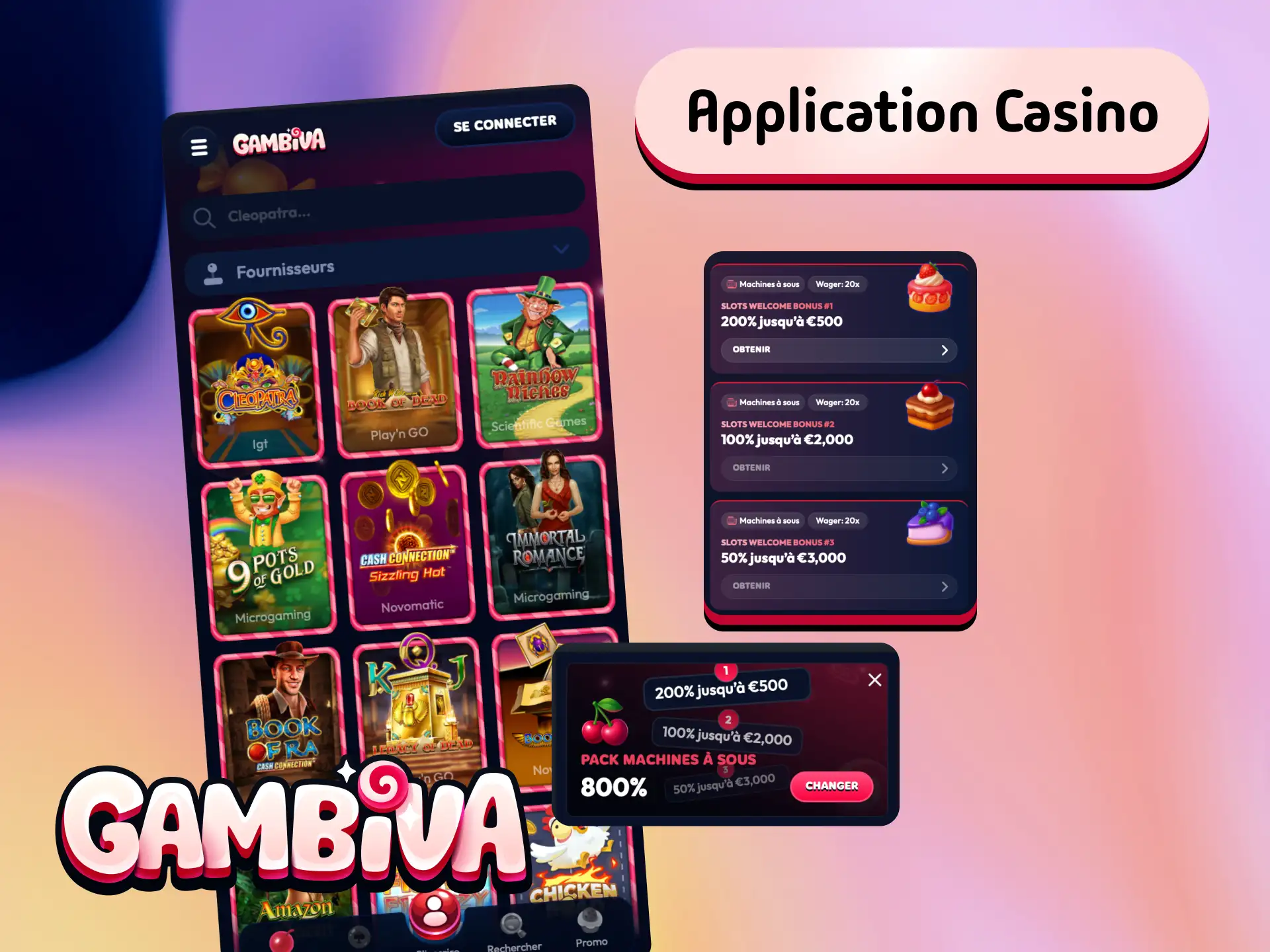 Application casino Gambiva avec machines à sous, jeux de table, crash games et croupiers en direct.