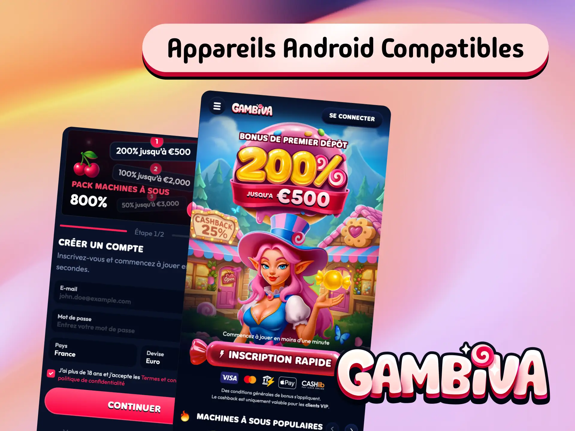 Liste des appareils Android compatibles avec l'application Gambiva incluant Samsung, Xiaomi et OnePlus.