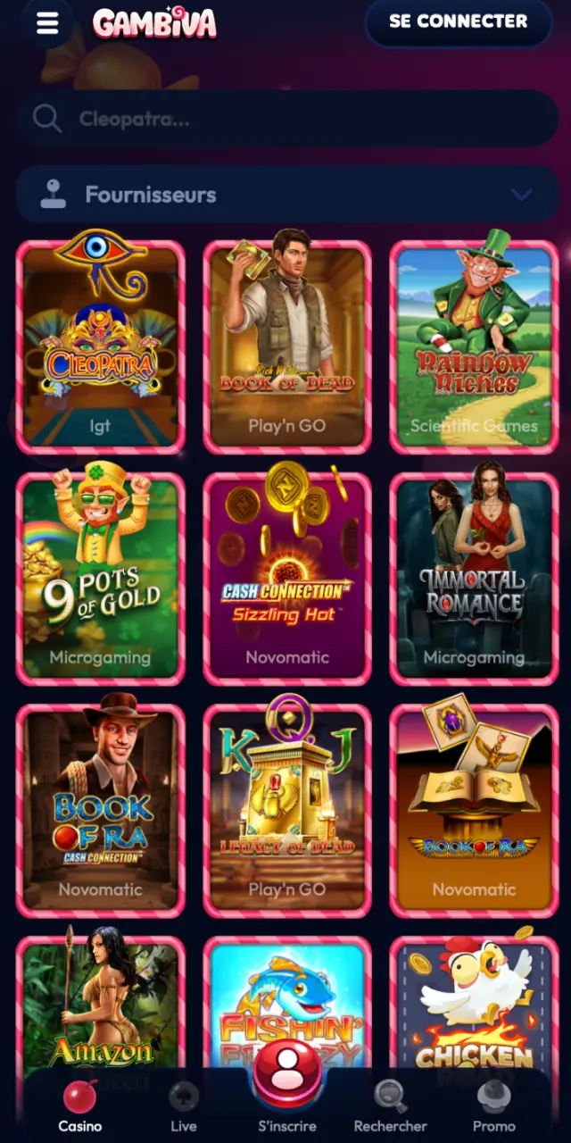 Lobby du casino sur l'app Gambiva France avec machines à sous, jeux de table et croupiers en direct.