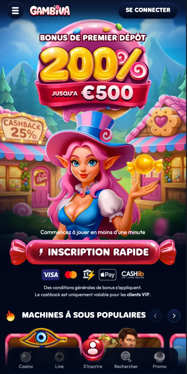 Page d'accueil de l'app Gambiva France avec accès aux sports, casino et événements en direct.