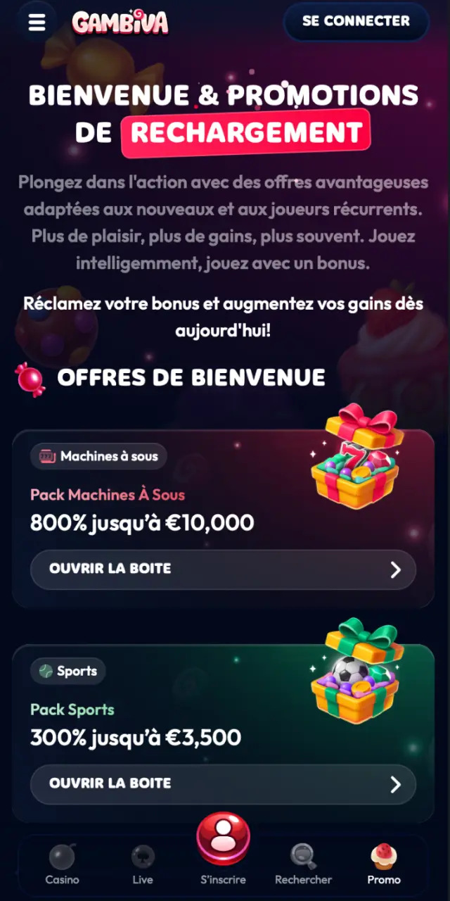 Page des promotions sur l'app Gambiva France avec bonus de bienvenue et offres spéciales.