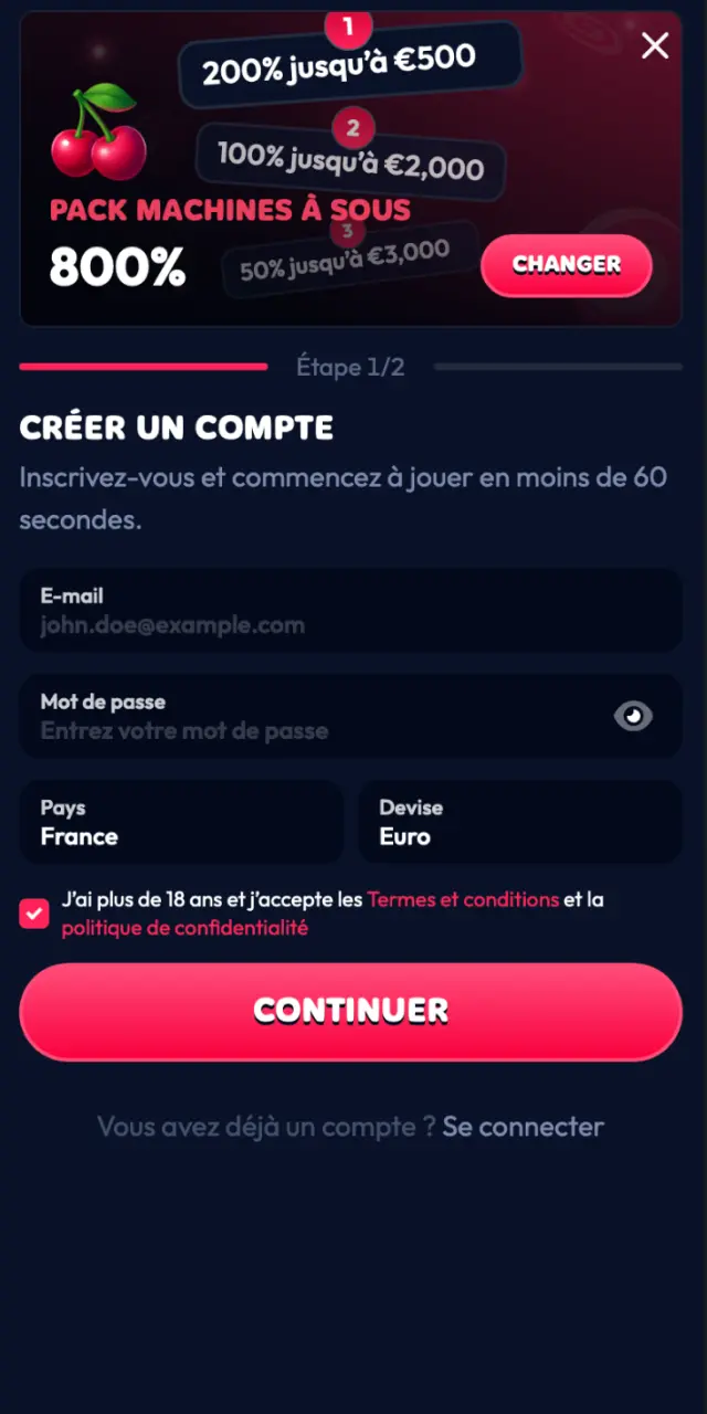 Formulaire d'inscription sur l'app Gambiva France pour créer votre compte et obtenir le bonus.