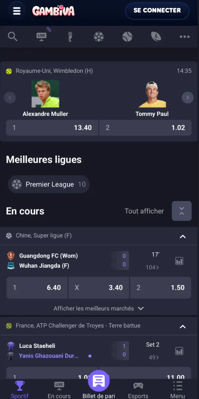 Interface des paris sportifs sur l'app Gambiva France avec cotes en direct et matchs à venir.
