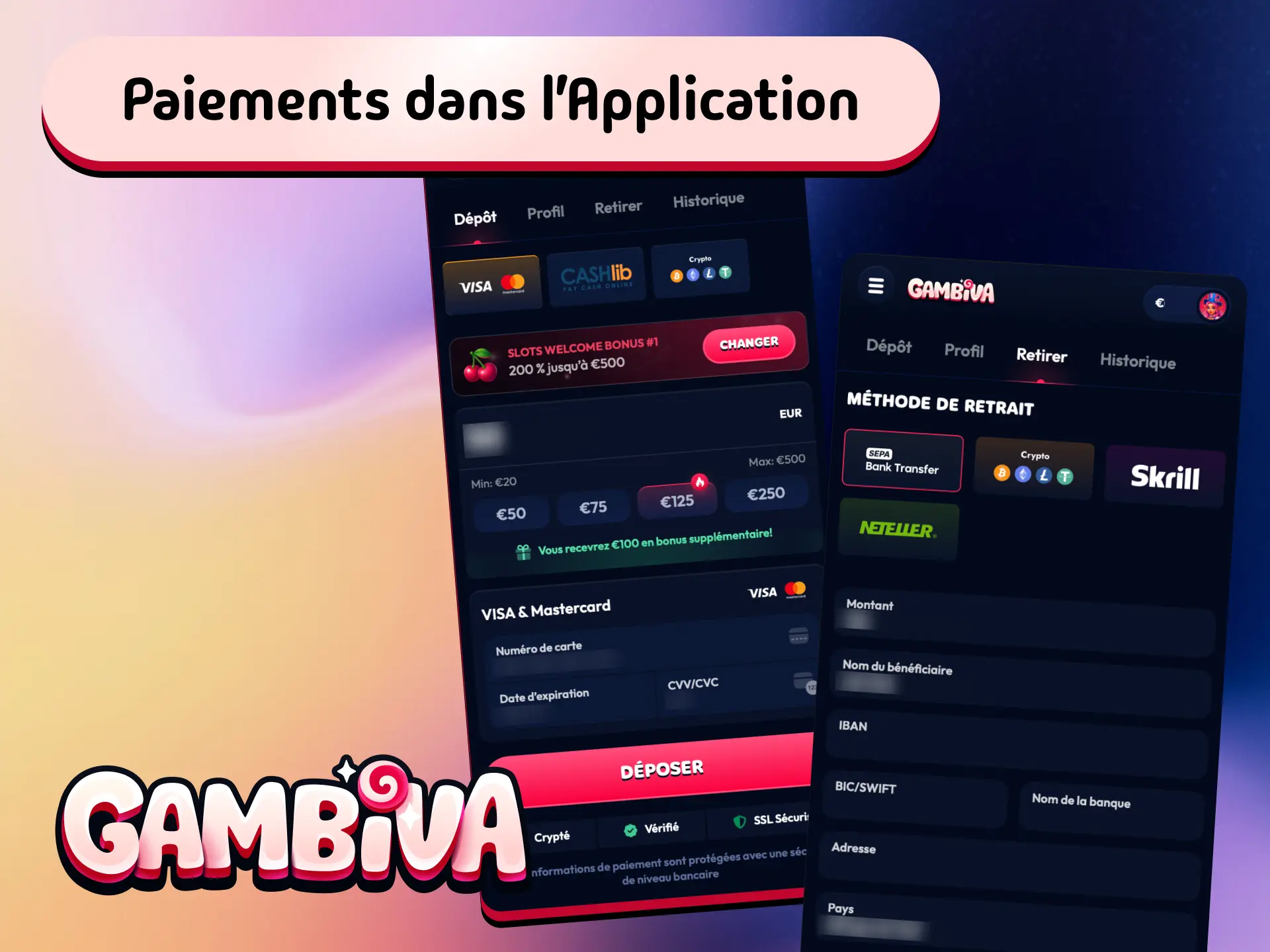 Méthodes de paiement sécurisées dans l'application Gambiva pour déposer et retirer en France.
