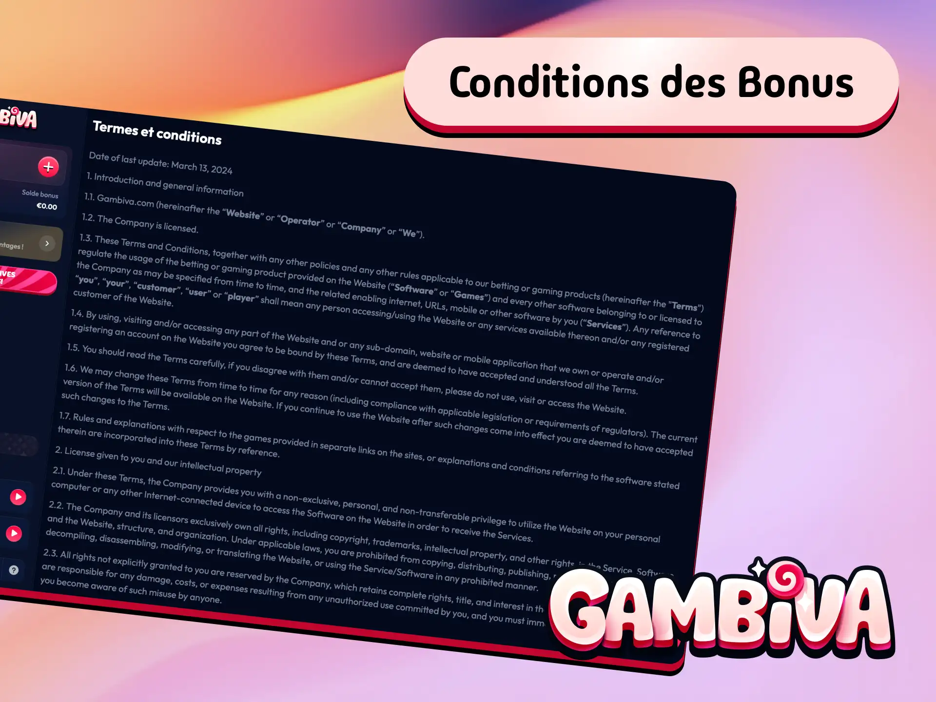 Conditions des bonus Gambiva France incluant les exigences de mise et les délais de validité.