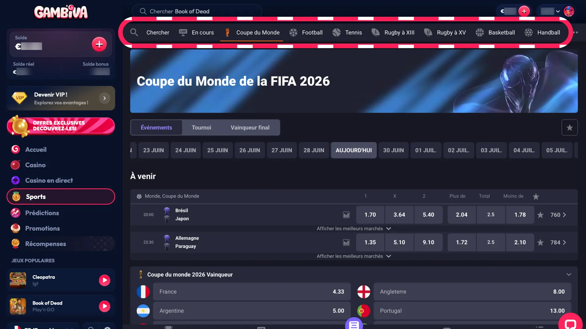 Sélectionnez votre sport favori comme le football ou le tennis sur Gambiva France et choisissez un événement.