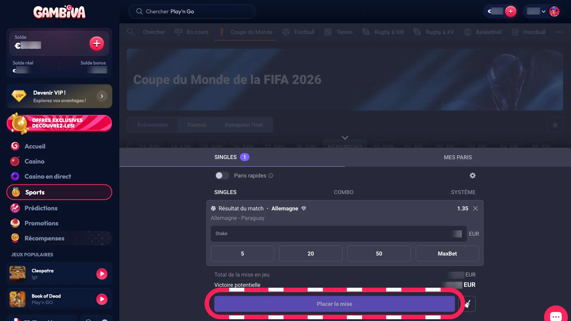 Vérifiez le récapitulatif sur Gambiva France et cliquez sur Placer le pari pour confirmer.