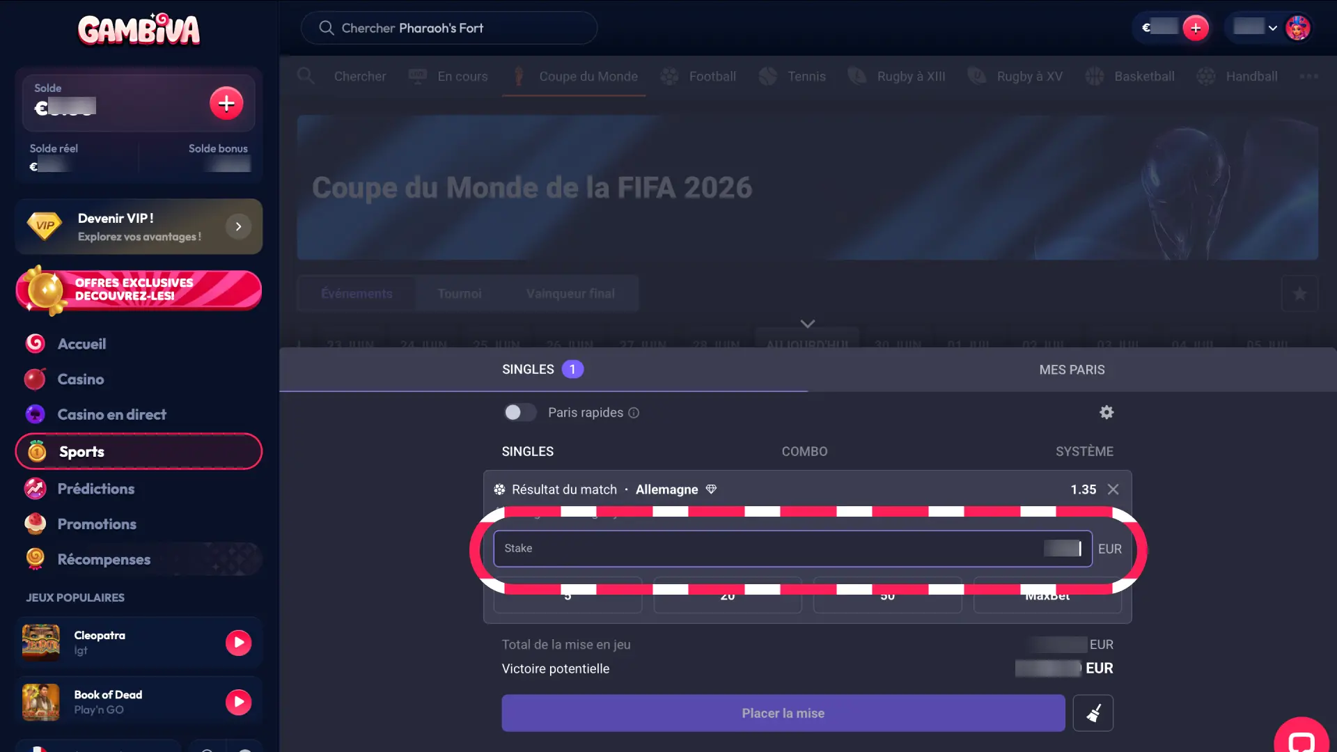 Renseignez le montant de votre mise sur Gambiva France et visualisez vos gains potentiels.