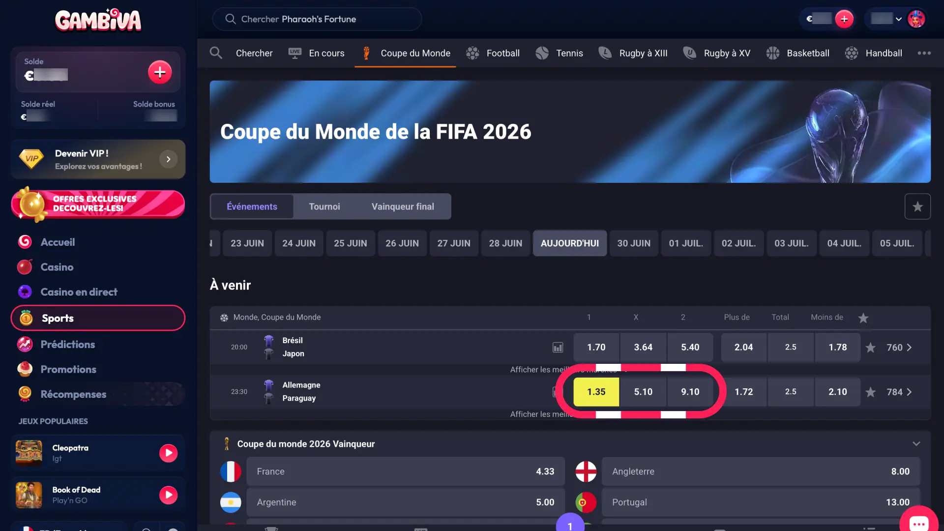 Cliquez sur la cote du marché de votre choix sur Gambiva France pour l'ajouter à votre coupon.