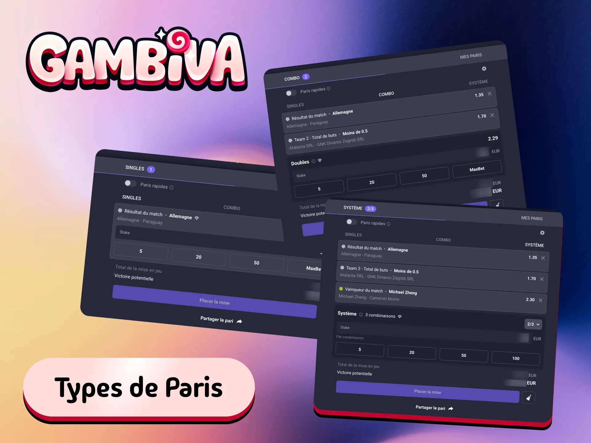 Types de paris disponibles sur Gambiva France incluant simples, combinés et systèmes.