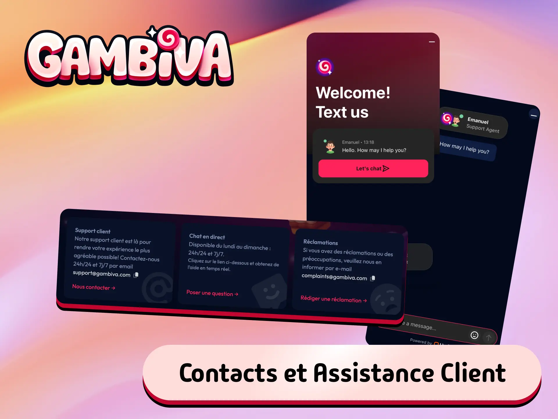 Service client Gambiva France disponible via chat en direct et email pour les joueurs français.
