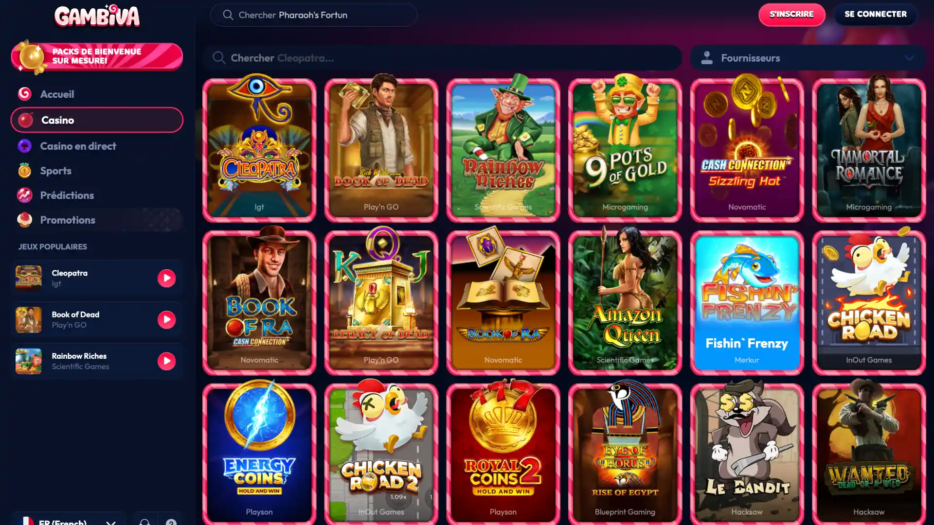 Lobby du casino Gambiva France avec machines à sous, jeux de table et croupiers en direct.