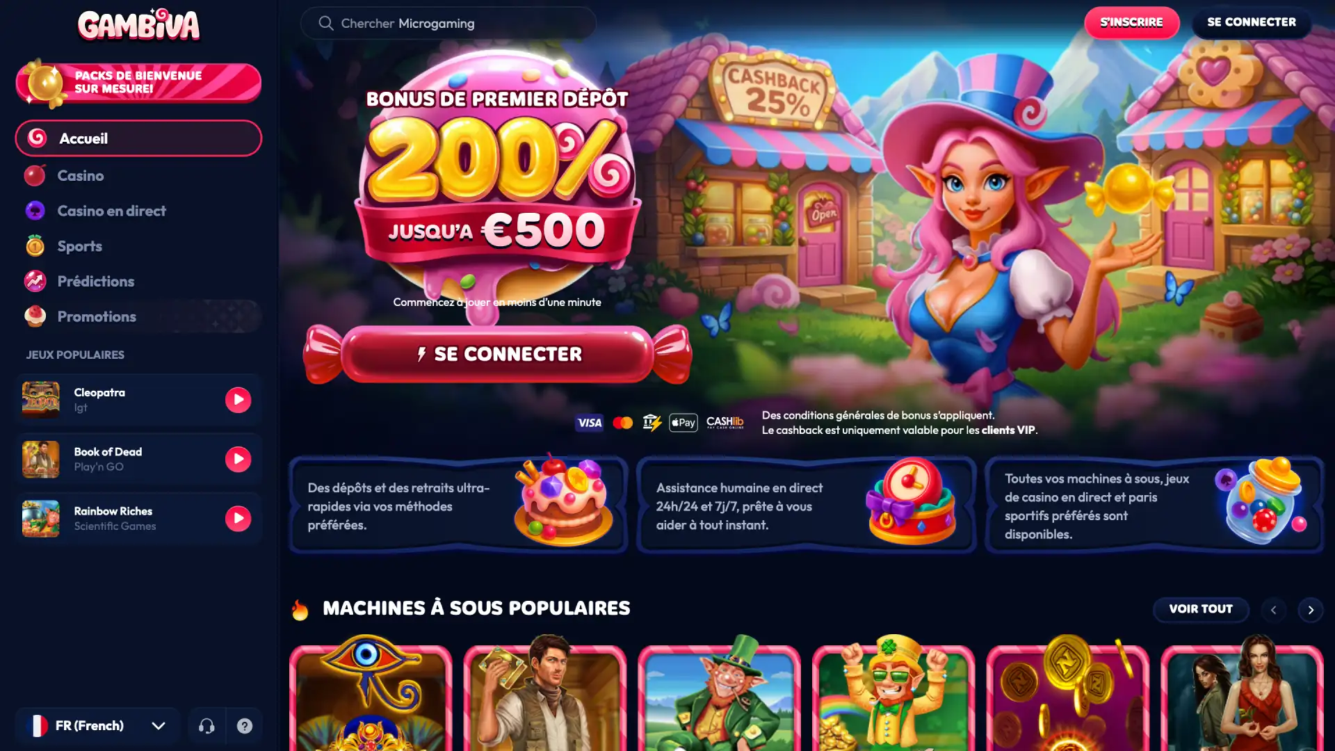 Page d'accueil de Gambiva France avec accès aux sports, casino et événements en direct.