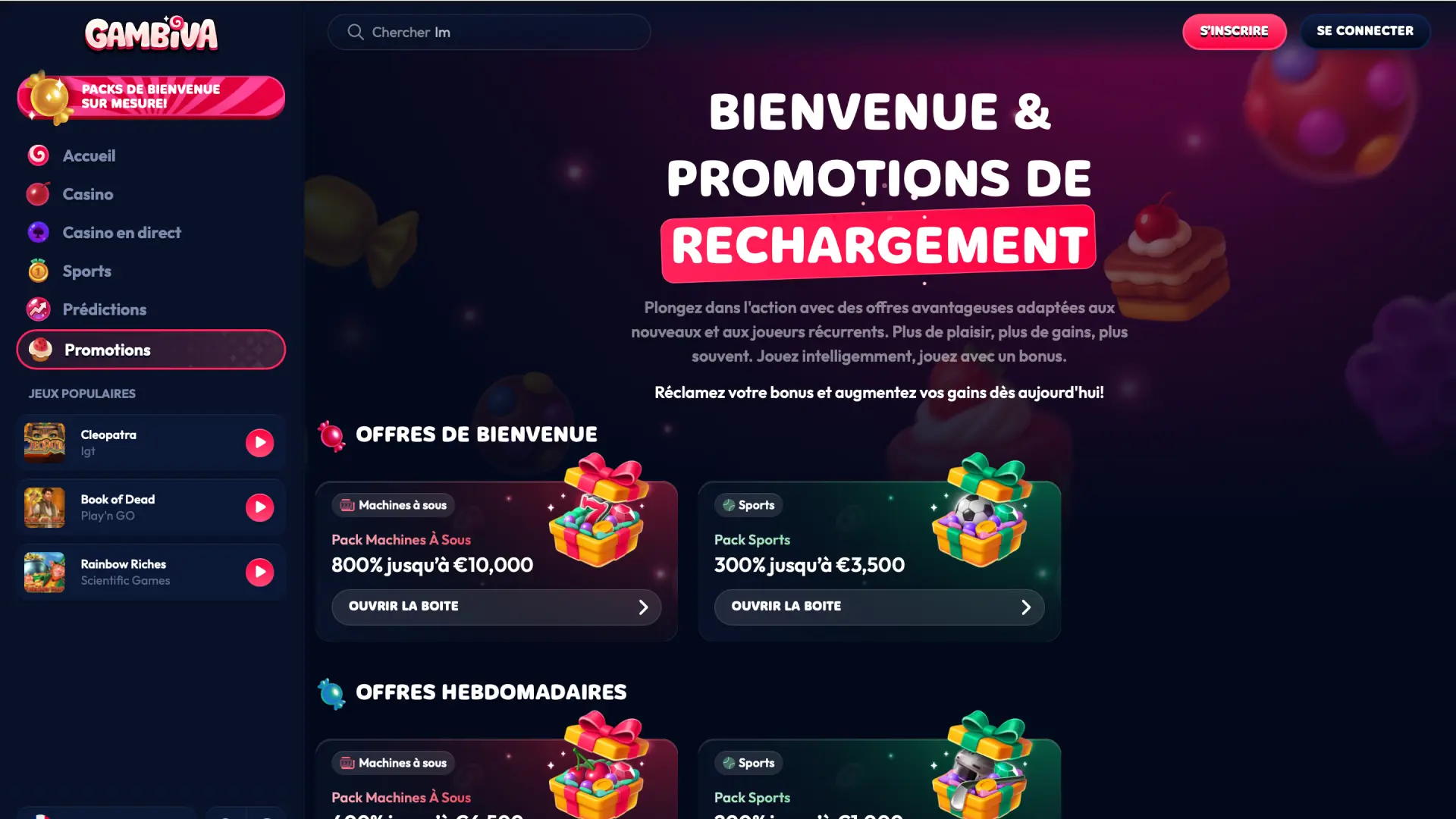 Page des promotions Gambiva France avec bonus de bienvenue et offres spéciales.