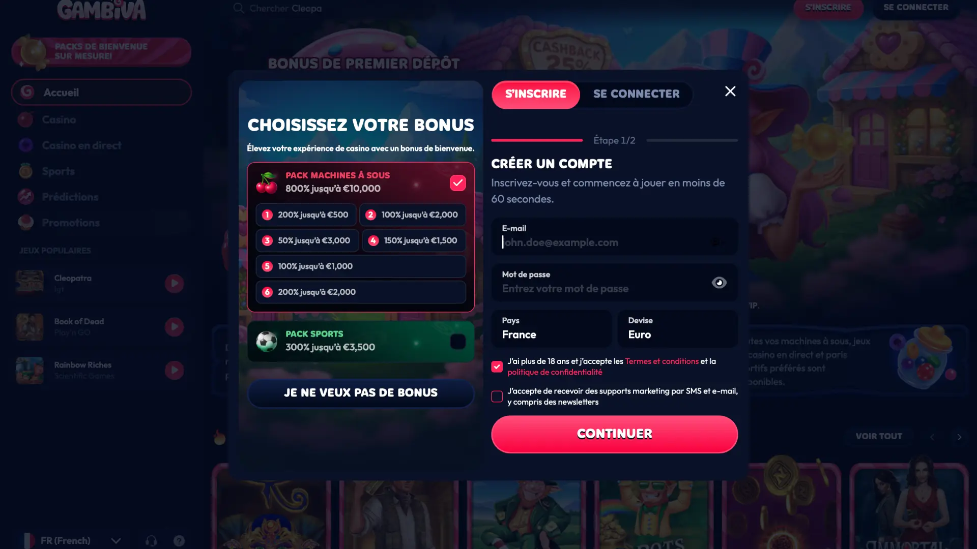 Formulaire d'inscription sur Gambiva France pour créer votre compte et obtenir le bonus.