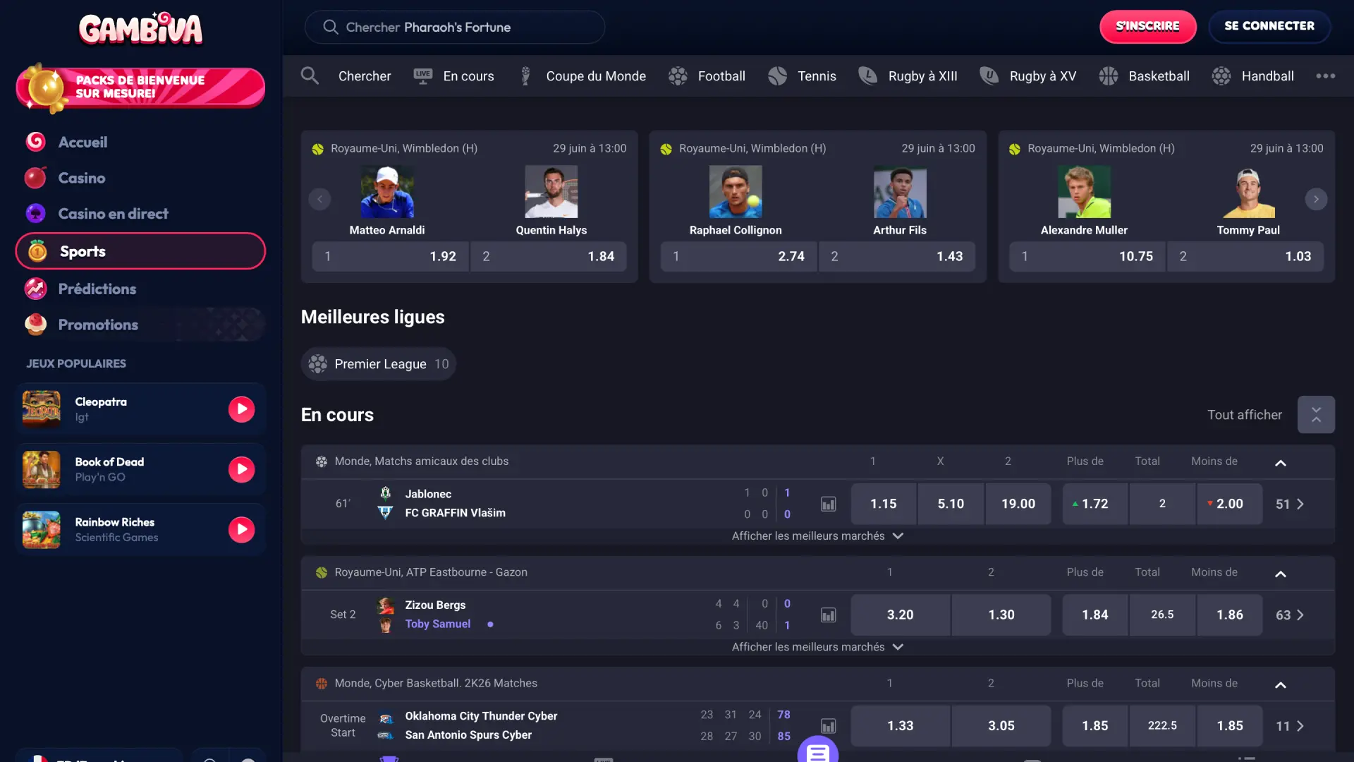 Interface des paris sportifs sur Gambiva France avec cotes en direct et matchs à venir.