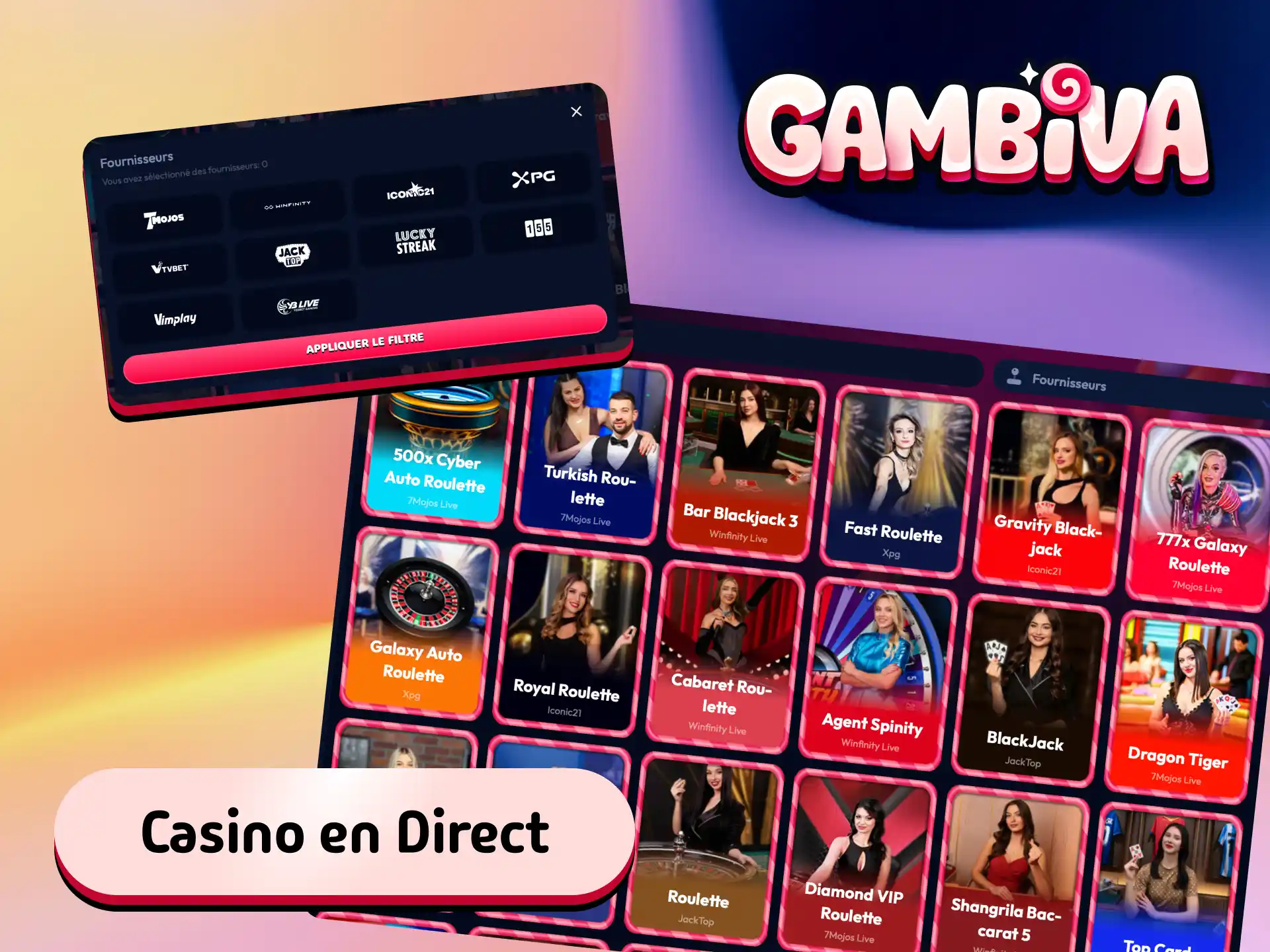 Casino en direct sur Gambiva France avec des croupiers réels pour le blackjack, la roulette et le baccarat.