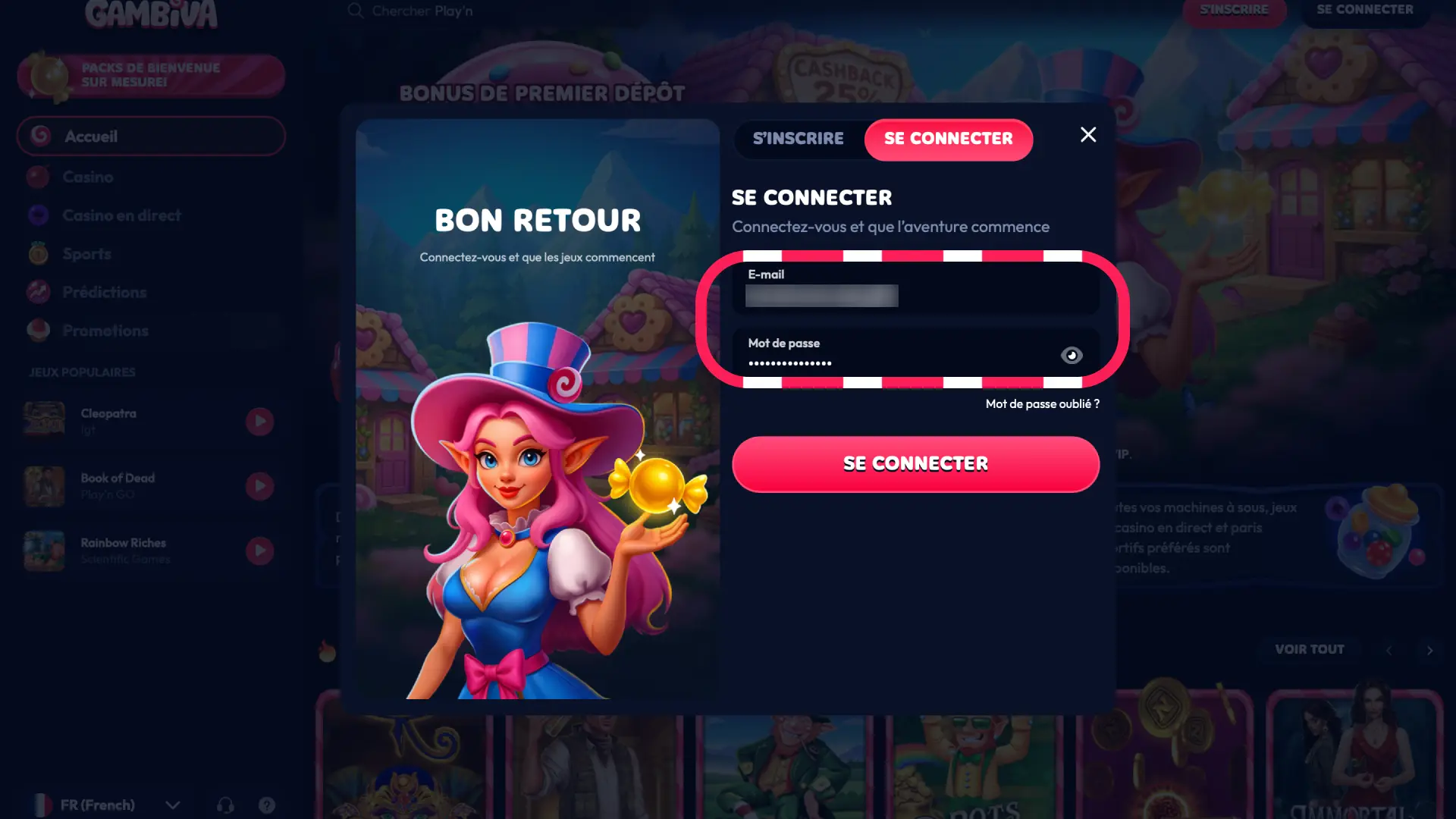 Entrez votre adresse e-mail et votre mot de passe sur le formulaire de connexion Gambiva.