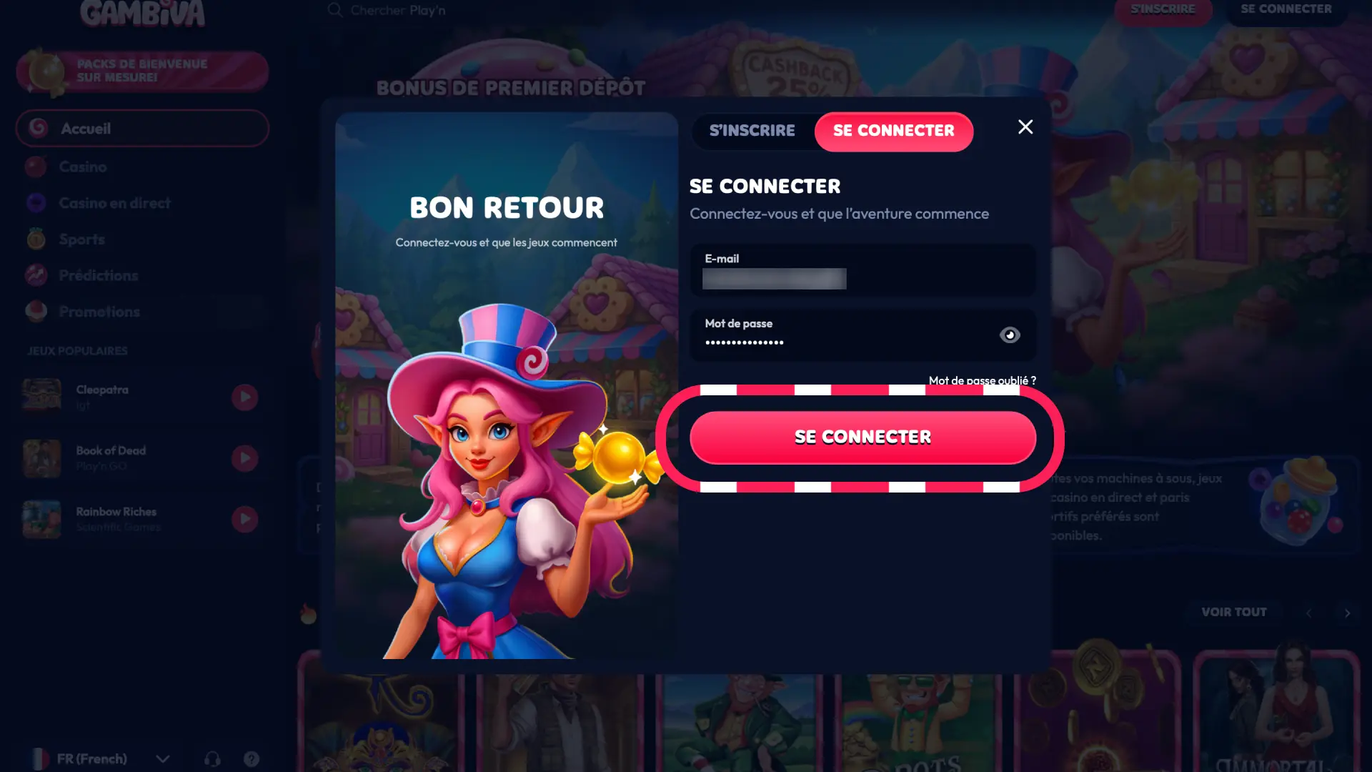 Cliquez sur Se connecter sur Gambiva pour accéder à vos paris, soldes et bonus actifs.