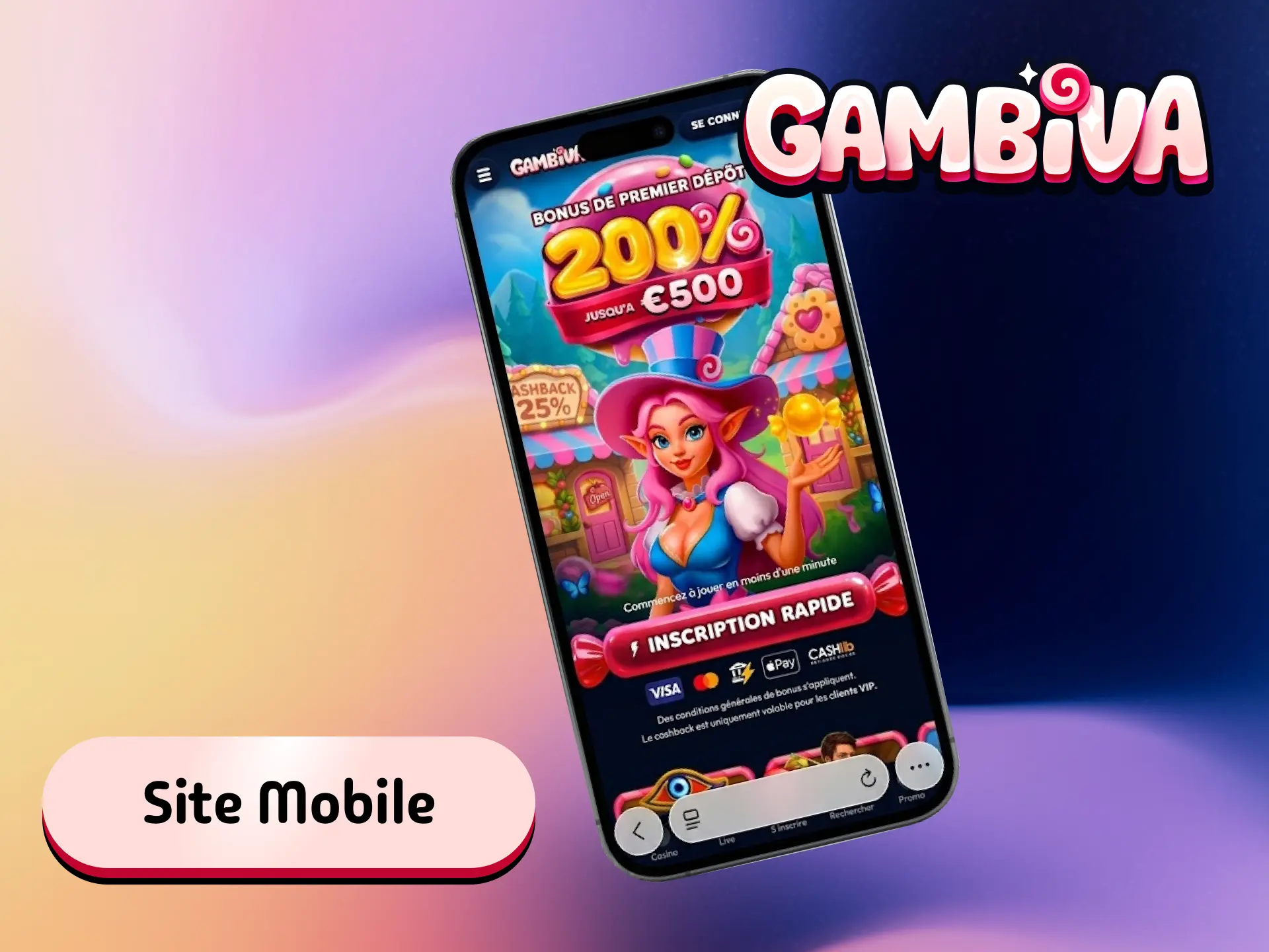 Site mobile Gambiva France pour parier et jouer au casino sans télécharger d'application.