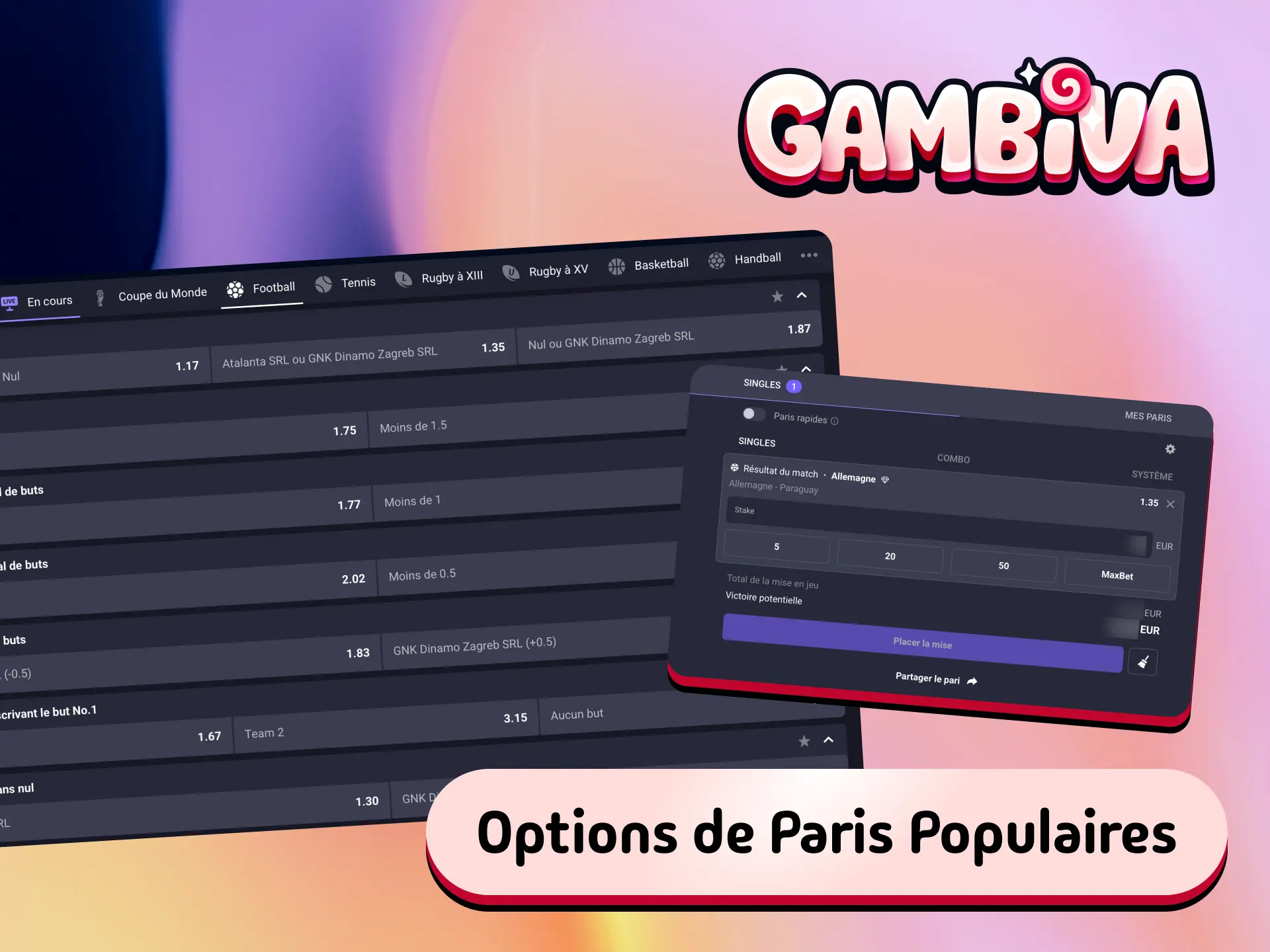 Options de paris populaires sur Gambiva France incluant les paris en direct et pré-match.