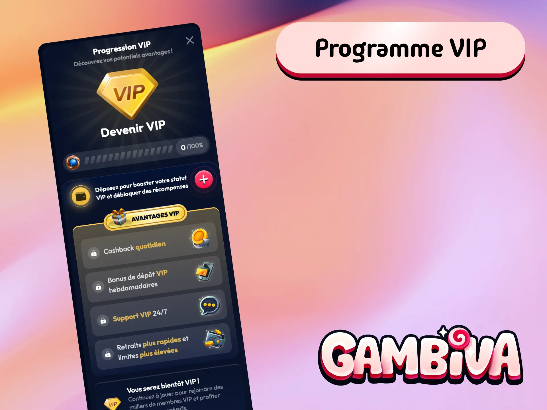 Programme VIP Gambiva France avec récompenses exclusives, cashback et gestionnaire de compte personnel.