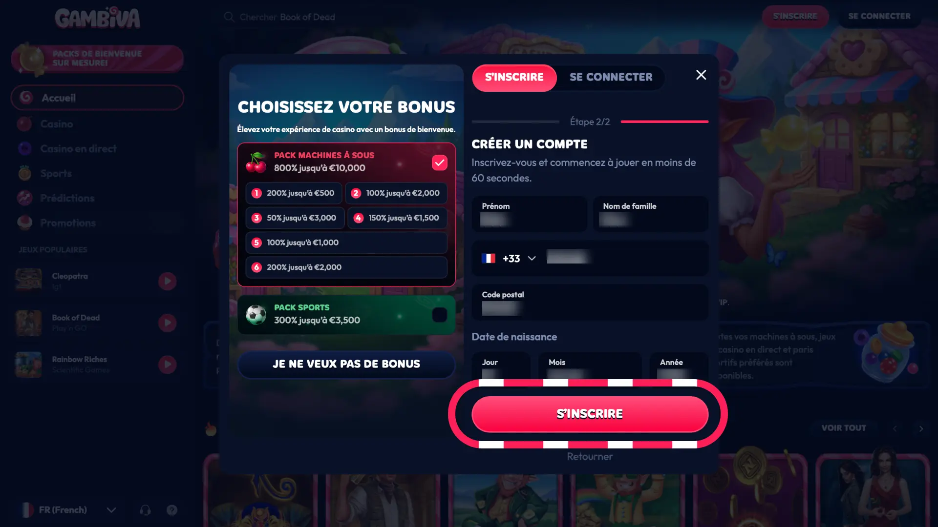 Cliquez sur le bouton Obtenir un bonus pour ouvrir le formulaire d'inscription Gambiva France.