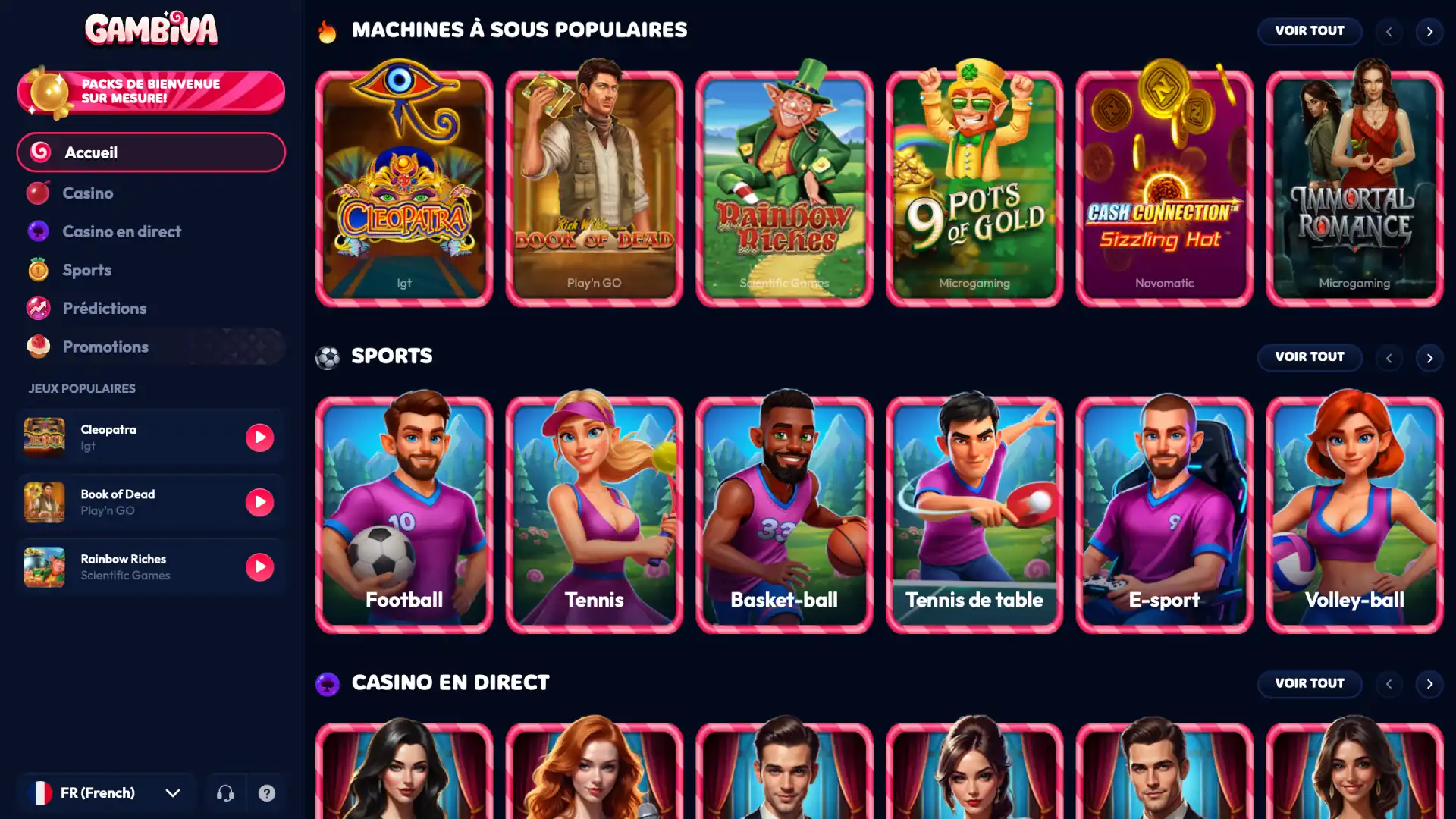Utilisez votre bonus Gambiva France sur les machines à sous, le casino en direct ou les paris sportifs.