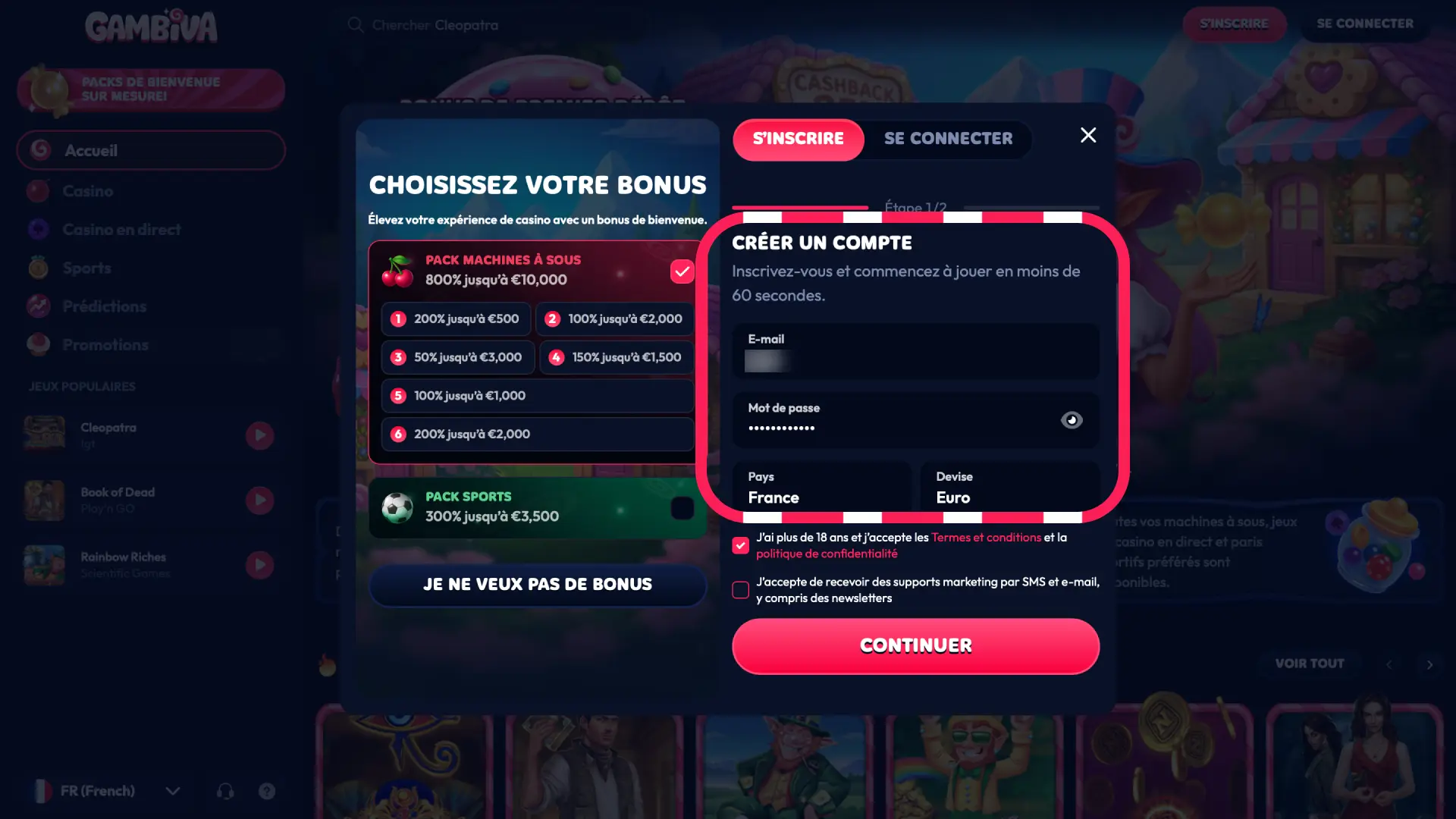 Saisissez votre nom, email, téléphone et date de naissance sur le formulaire Gambiva France.