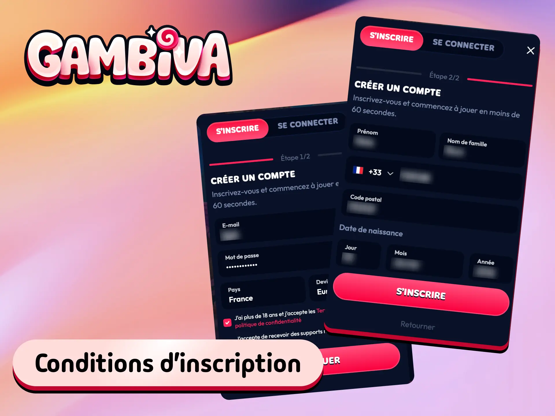 Conditions d'inscription Gambiva France incluant l'âge minimum et des informations personnelles valides.
