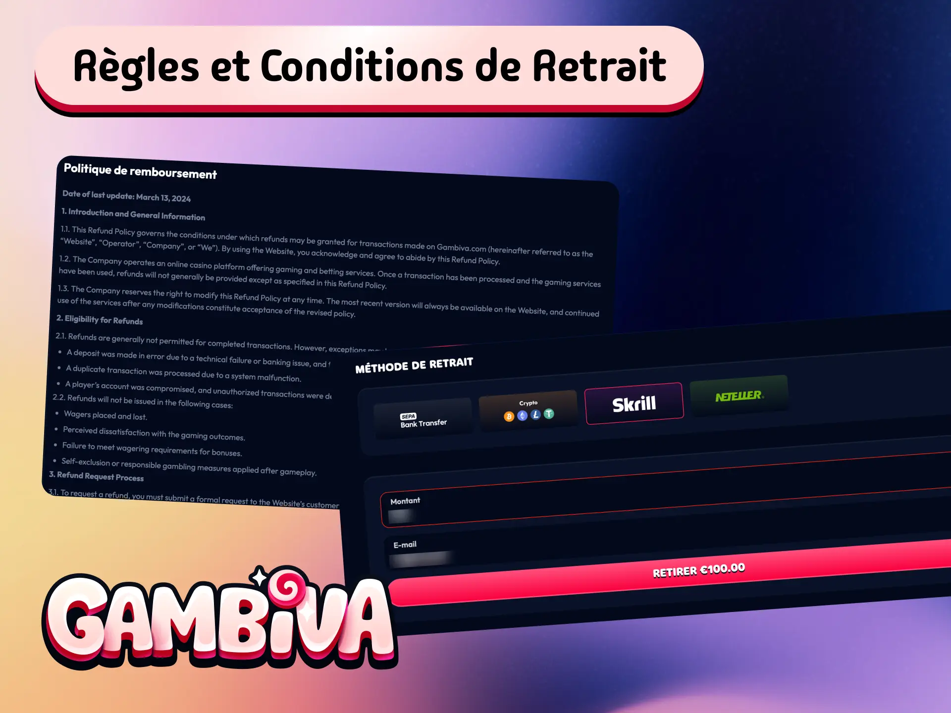 Règles et conditions de retrait Gambiva France incluant les montants minimums et la vérification d'identité.